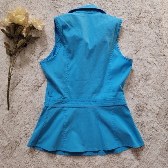 Express Stretch Blue Button Up Collar Sleeveless Blouse Size 1/2 - Picture 7 of 9